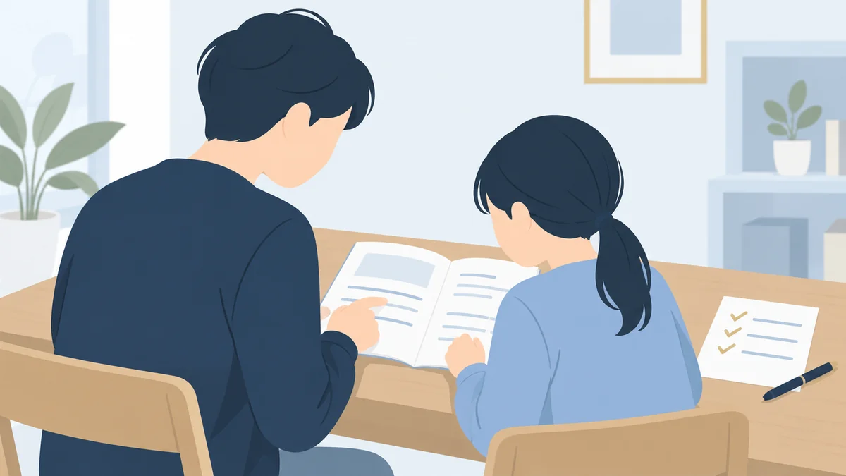 保護者とお子さまが、並んで取扱説明書を一緒に確かめているイラスト