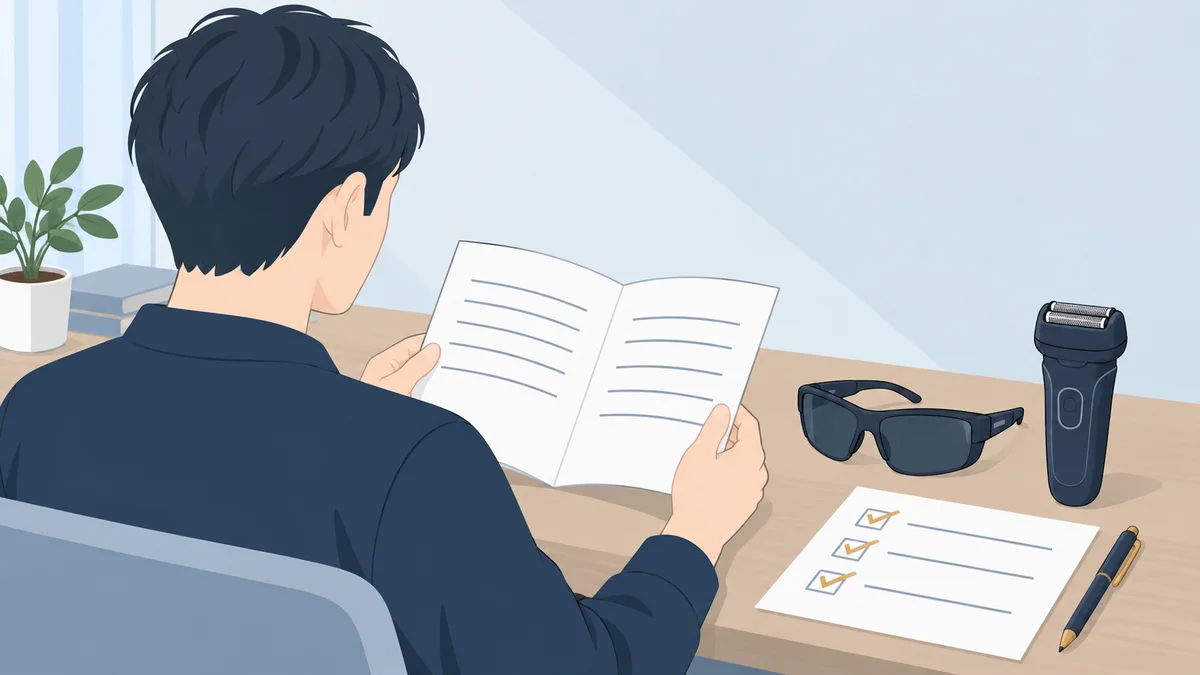 取扱説明書を読む男性の後ろ姿。机にはサングラス、電気シェーバー、チェックリスト