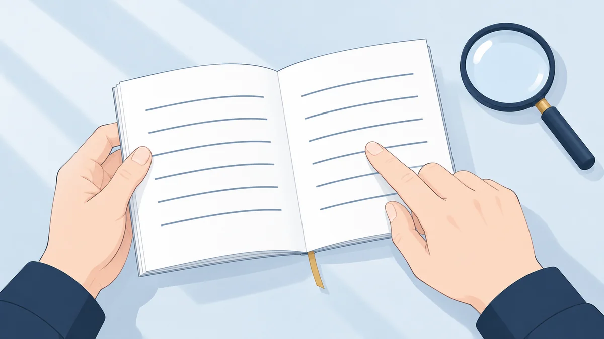 両手で開いた取扱説明書を持ち、指で1行をたどって確かめている手元
